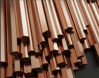 Barras de cobre mecanizadas con secciones geométricas para uso eléctrico e industrial.