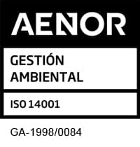 Sello AENOR de gestión ambiental ISO 14001 con número de certificación GA-1998/0084.