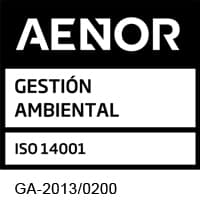 Sello AENOR de gestión ambiental ISO 14001 con número de certificación GA-2013/0200.