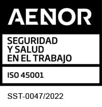 Sello AENOR de seguridad y salud en el trabajo ISO 45001 con número de certificación SST-0047/2022