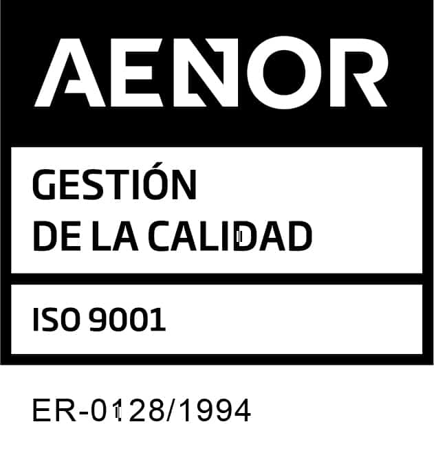 Sello AENOR de gestión de la calidad ISO 9001 con número de certificación ER-0128/1994.